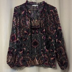 Violet & Claire Black and Plum Paisley Velvet Tie-Neck Blouse